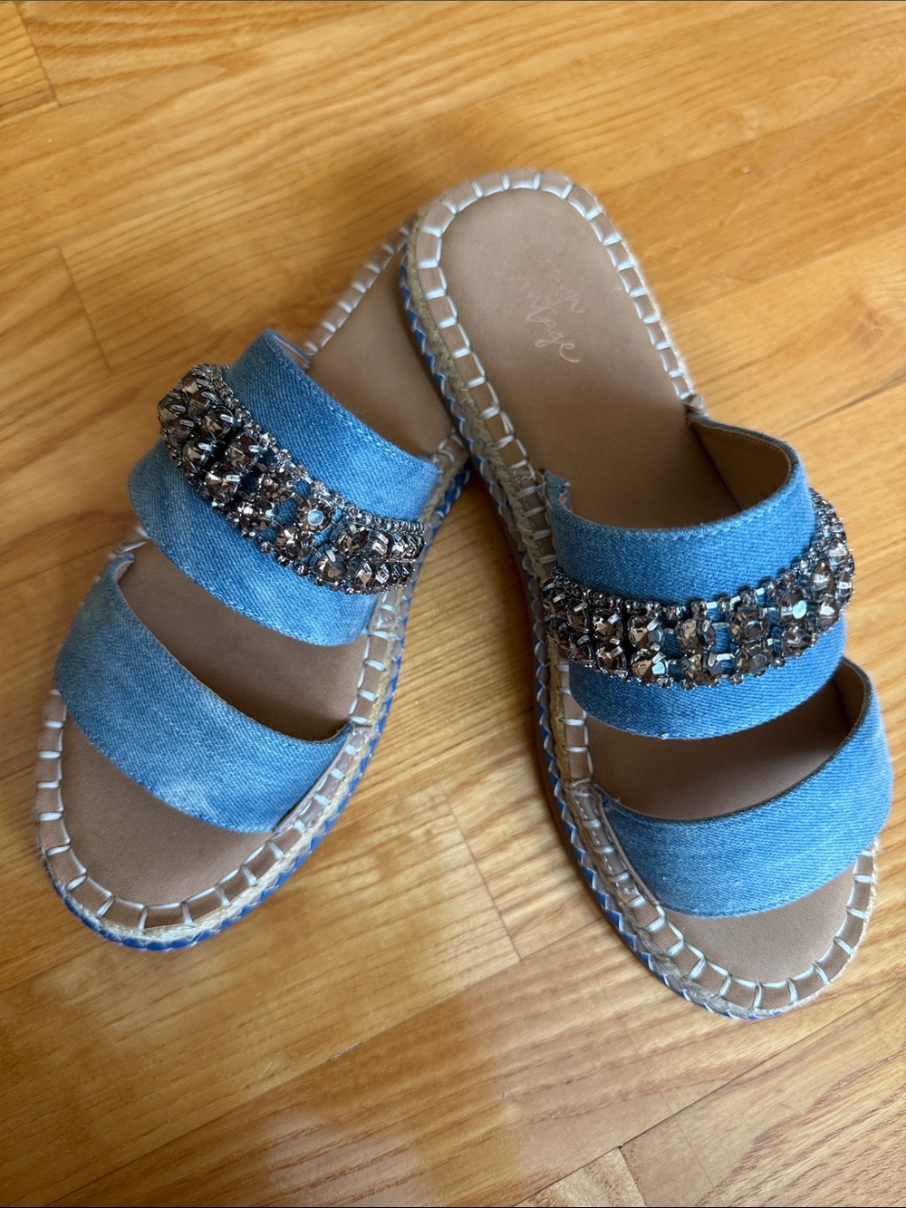 Crown Vintage Light Blue Denim Slide Sandals with Rhinestone Bands
